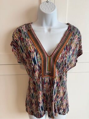 Cake by Seabeth Multicolor Boho Tunic Top Embroidered V-Neck Size XS